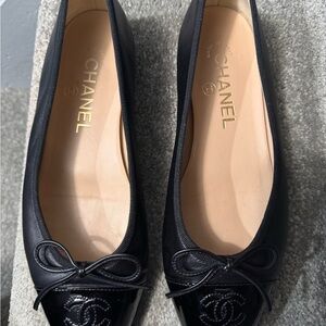 Authentic CHANEL Black Ballet Flats with Bow Detail